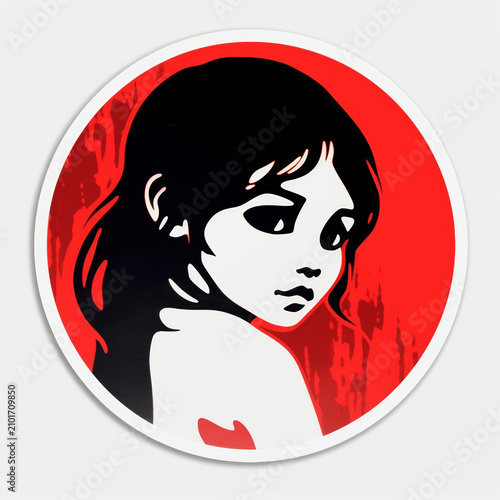 Stylized young woman portrait in red and black circular design