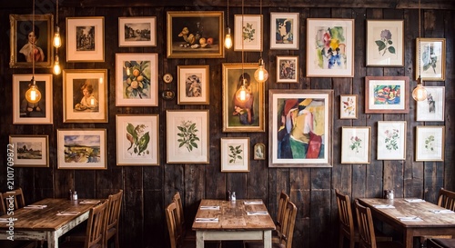 An empty interior of a rustic cozy restaurant showing wooden tables and chairs with walls completely decorated by numerous framed picture artworks
