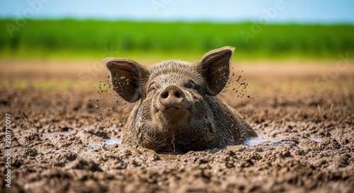 A massive hog blissfully wallows in deep, filthy mud, depicting the base instinct, indulgence, and inherent characteristics of swine nature, Pig, primal, nature