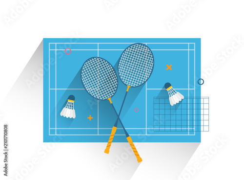 Badminton rackets and shuttlecocks on a blue court. Vector illustration of badminton.