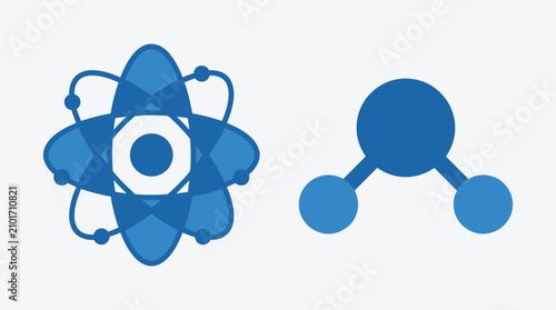 Fotografía Two blue scientific icons: an atom model with orbiting electrons and a water molecule structure, presented on a clean white background