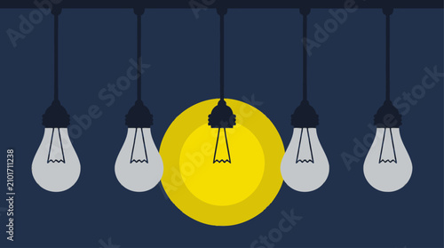 Cuadro en lienzo A row of five hanging light bulbs, with one central bulb illuminated brightly in yellow against a dark background, symbolizing an idea or solution