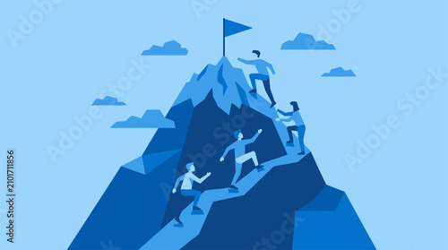 Foto A team of people collaboratively climbing a steep mountain towards a flag planted at the summit, symbolizing success, challenge, and shared achievement