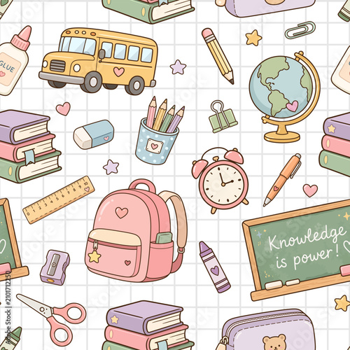 Cute kawaii back to school seamless pattern with school bus, backpack, chalkboard, globe, and stationery on a grid background.