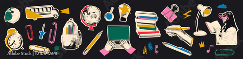 Fotografie Back to school halftone collage elements set with fun doodles