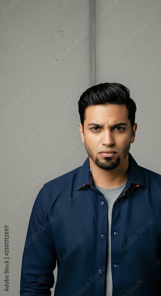 Obraz premium Young Middle Eastern man with dark hair and beard wearing navy button-up shirt over gray undershirt, posed against neutral gray wall for portrait and headshot use.