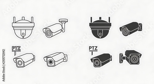 Black and White Security Camera Icons Arranged on Minimal White Background