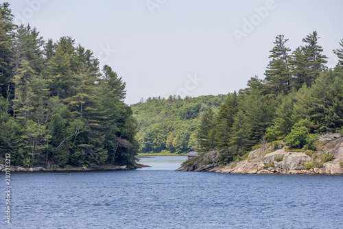 A breathtaking view from the 30,000 Islands cruise from Parry Sound, Ontario, showcasing lush forests and serene waters.