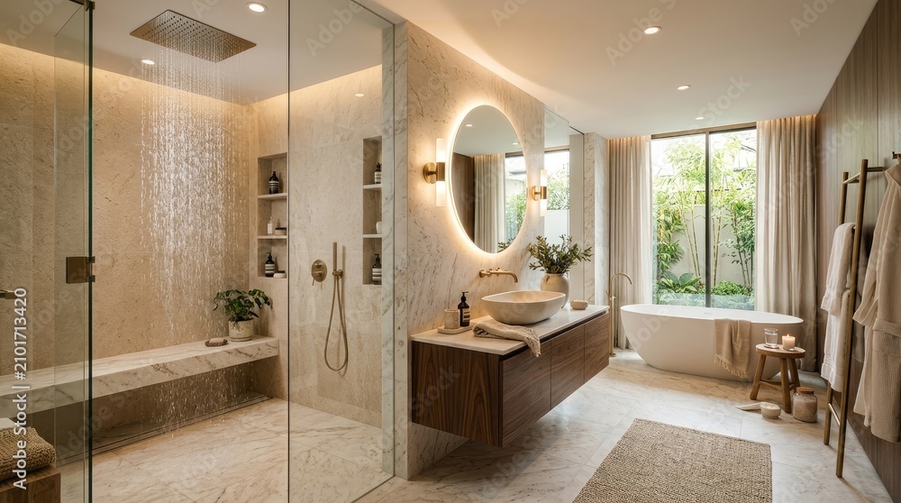 Fototapeta premium A luxurious bathroom with a large glass shower, marble walls, and a large mirror with a round frame.