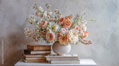 Elegant pastel bouquet in ceramic bowl on books, warm light still life with soft romantic atmosphere