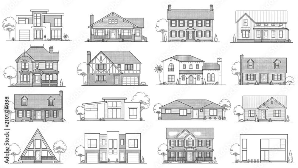 Fototapeta premium AutoCAD buildings architecture vector collection showcases various homes