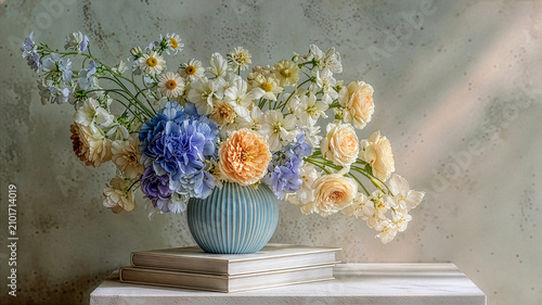 Elegant bouquet with blue hydrangea and cream roses in vase, soft light vintage still life scene