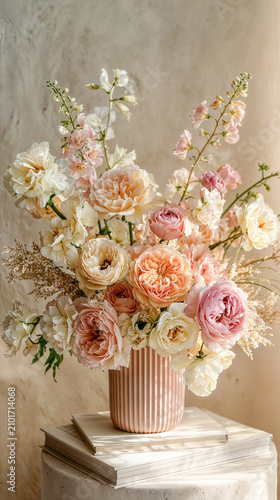 Pastel flower bouquet in ceramic vase, romantic still life composition