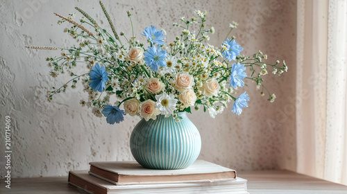 Elegant bouquet with blue hydrangea and cream roses in vase, soft light vintage still life scene