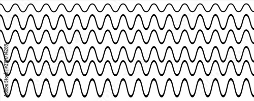 Horizontal wavy stripes with different thicknesses. Sine or cosine lines. Undulated borders. Water, fluid, air or wind symbols. River, sea, lake or ocean signs. Vector graphic illustration.