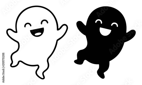 Foto Cute happy ghost characters in black and white silhouette style, fun spooky Hall