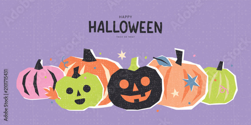 Horizontal Halloween greeting banner with colorful carved pumpkins on purple textured background. Vector illustration in flat paper collage style with grain, perfect for autumn party, web banner.