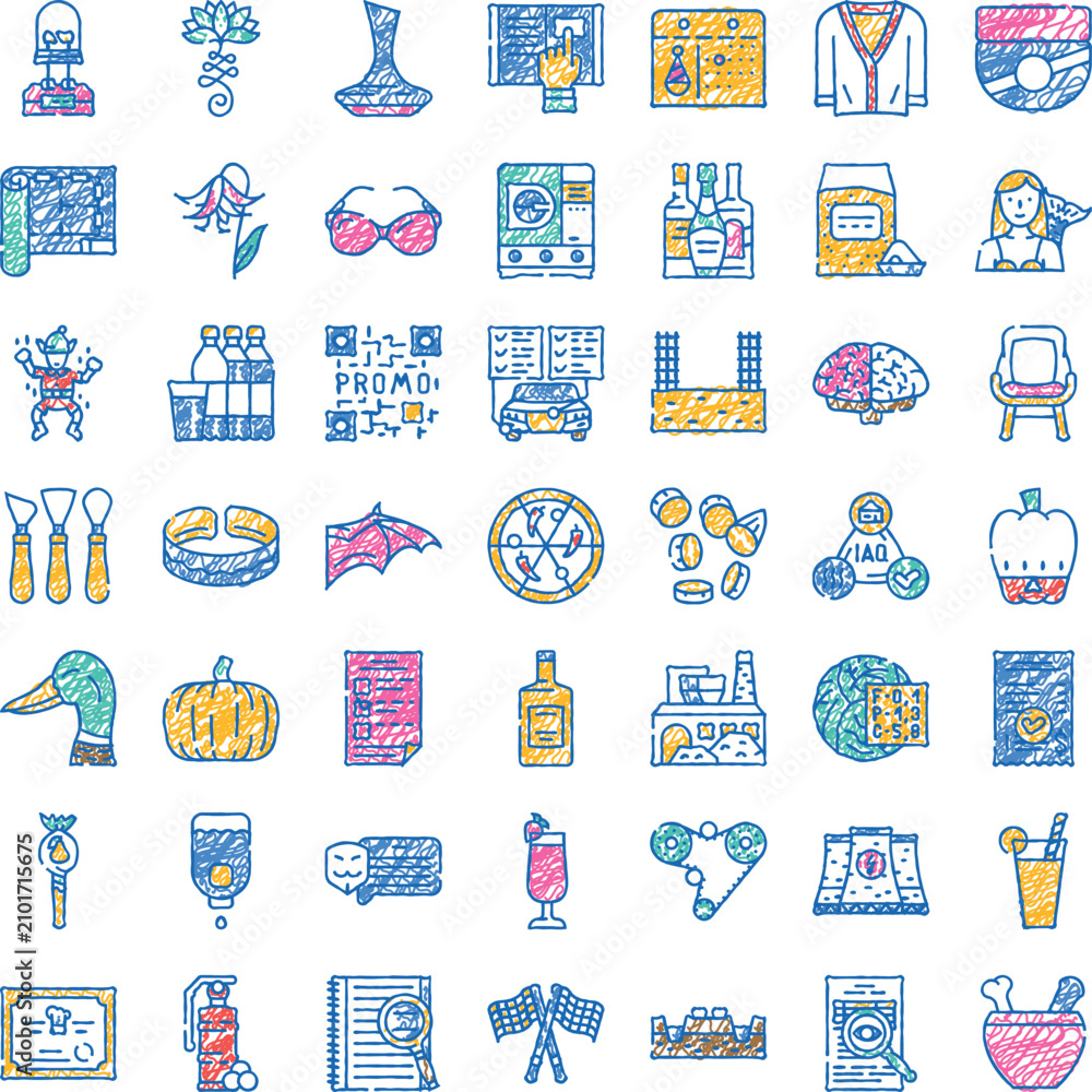 Fototapeta premium Collection of diverse hand drawn color icons featuring objects, concepts, and symbols from daily life, entertainment, industry, and nature, isolated on a white background