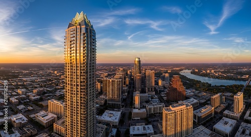 Tall Modern Skyscraper Rising Above Downtown Skyline at Sunset