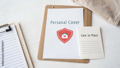 Personal Cover and Care in Place Concept with Clipboard and Notepad on a Bright Wooden Table