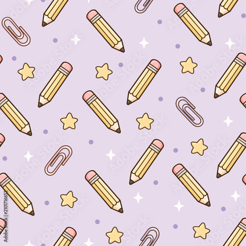 Cute kawaii seamless pattern with yellow pencils, paper clips, and stars on a pastel purple background.