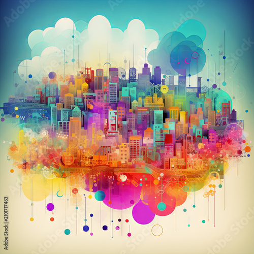 Colorful abstract city skyline with layered buildings and floating circles