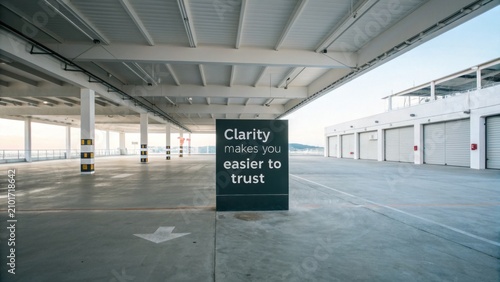 Sign in an Empty Parking Garage Emphasizing Trust and Clarity in a Minimalistic Space