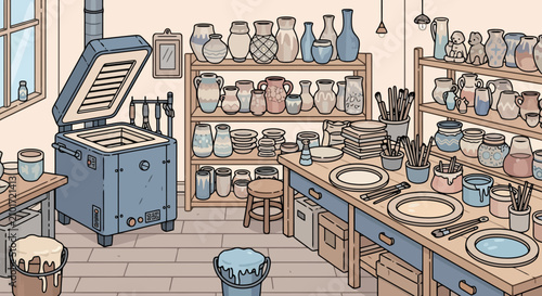 Pottery studio with kiln and various ceramic pieces.