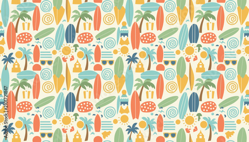 Beautiful colorful seamless summer beach pattern featuring surfboards, palm trees, suns, sunglasses, and sandcastles.