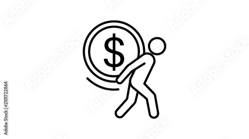 Minimalist line icon of a person carrying a large dollar coin symbol.