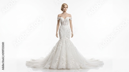 An elegant wedding dress displayed on a mannequin in a bridal studio