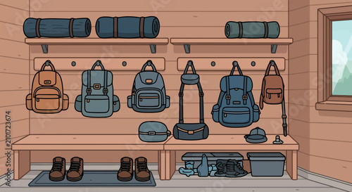 Various backpacks and bags neatly organized on wooden shelves and hooks.