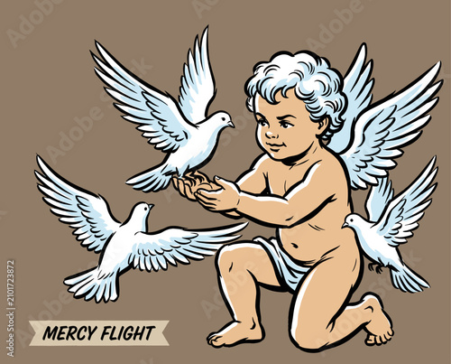 Obraz na plátně Vintage cherub angel with white doves illustration