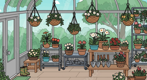Vibrant indoor greenhouse filled with various potted plants and hanging baskets.