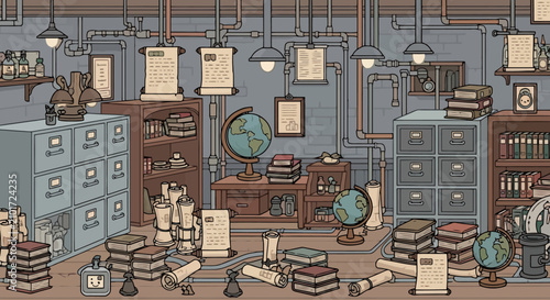 Vintage Office Interior With Globes And Books.