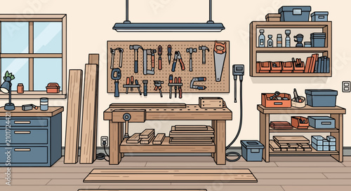 Well-equipped woodworking workshop with various tools and materials.