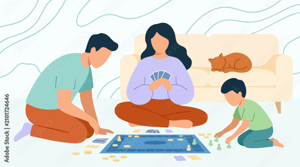 Obraz premium Family playing board games and card games at home with pet cat