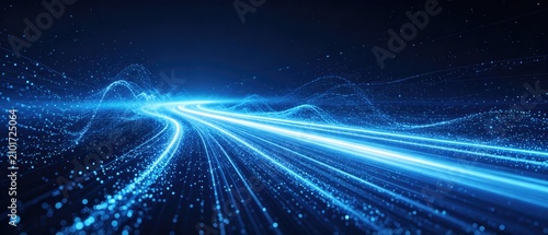 Abstract high speed data stream with glowing blue light trails, particle wave, and digital network flow on dark technology background, idea for technology banner