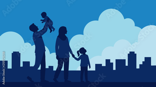 Obraz na płótnie Happy Family Silhouettes Walking in City with Baby, Child and Skyline