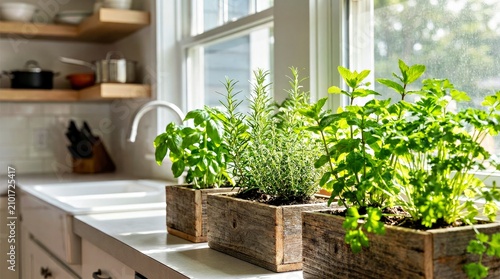 Fresh Herbs in Wooden Planters on a Kitchen Counter