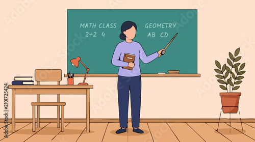 Cuadro en lienzo Female teacher in a math classroom with blackboard and desk illustration