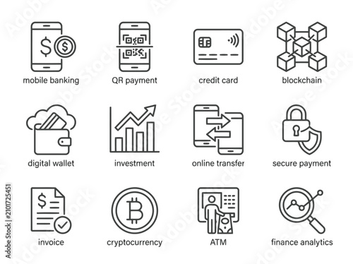 Modern digital banking and fintech outline icon collection with mobile banking, QR payment, blockchain and secure transaction symbols