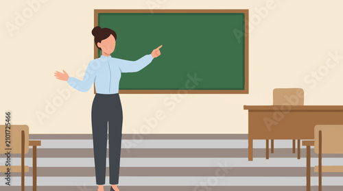 Female teacher pointing to chalkboard in classroom, education concept illustration