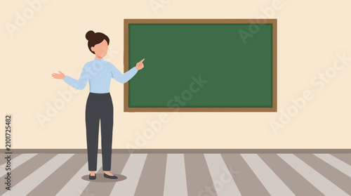 Female teacher character pointing at blank green chalkboard in classroom