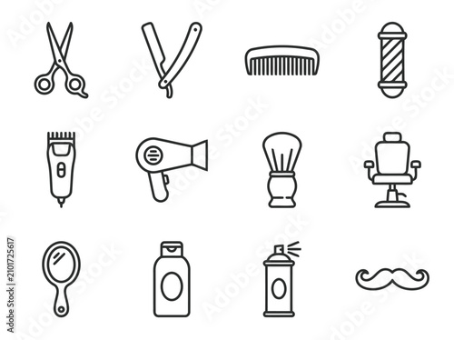 Modern hair salon and barber shop outline icon collection with scissors, comb, hair dryer and grooming symbols