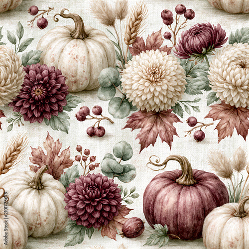 A premium collection of seamless watercolor autumn patterns featuring pumpkins, woodland animals, apples, pies, florals, rustic wagons, farm décor, harvest baskets, autumn leaves, and cozy seasonal el
