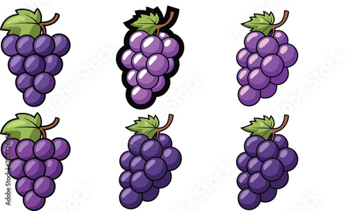 Purple grape bunch cartoon clip art vector set illustration with green leaves isolated on white background