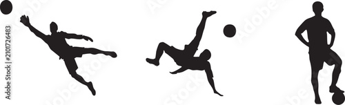 Foto Football player silhouette set with bicycle kick and soccer action poses in blac