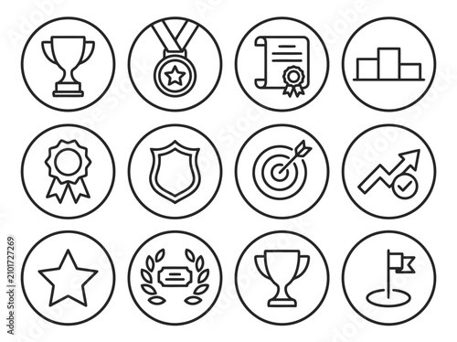 Awards and Achievement Line Icons with Circle Frame Vector Set