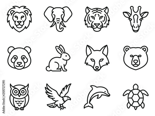 Wild Animals and Wildlife Line Icons Vector Set